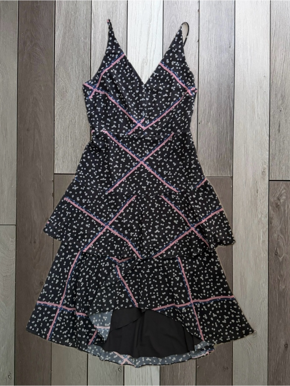 Sam Edelman Black Dress with White Floral Starburst and Pink Trim
